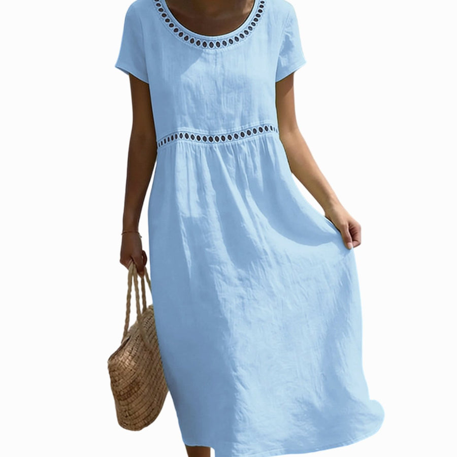 Olivia | Women's A-Line Linen Look Short Sleeve Midi Dress with Lace Details