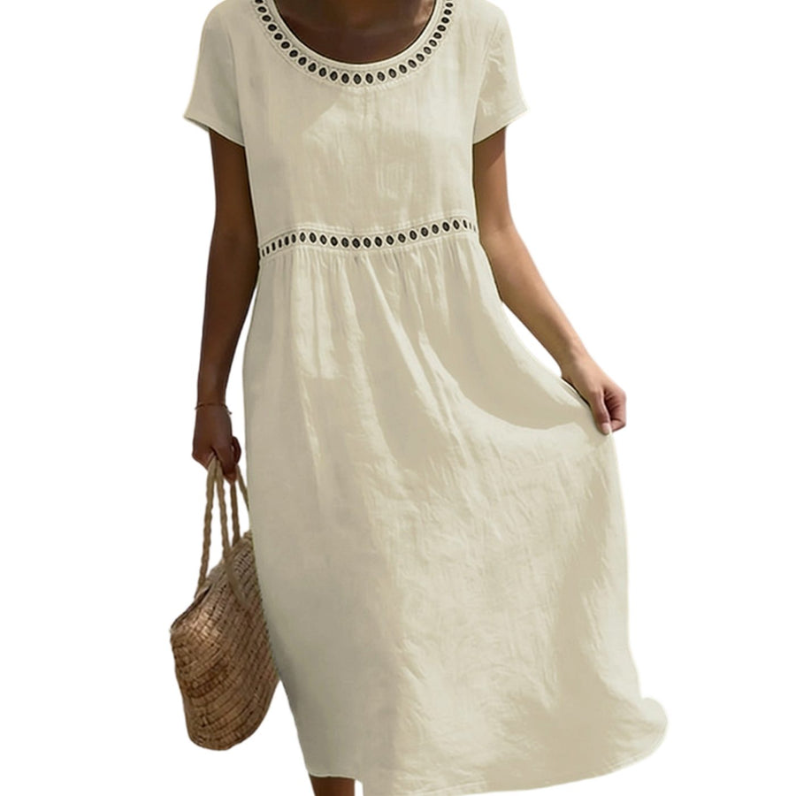 Olivia | Women's A-Line Linen Look Short Sleeve Midi Dress with Lace Details