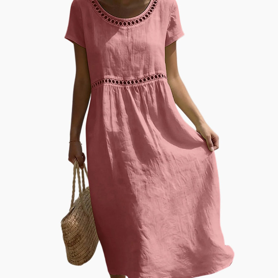 Olivia | Women's A-Line Linen Look Short Sleeve Midi Dress with Lace Details