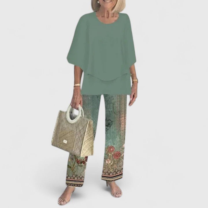 Sanne | Women's Botanical Print Batwing Top and Wide Leg Trouser Set
