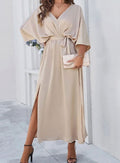Olivia | Women's Relaxed V-Neck Maxi Dress with Tie Belt and Side Split
