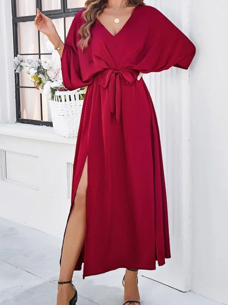 Olivia | Women's Relaxed V-Neck Maxi Dress with Tie Belt and Side Split