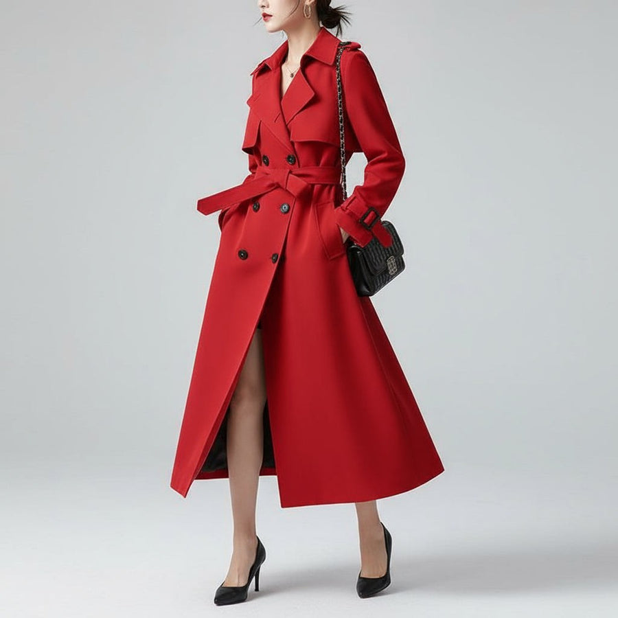 Dania Double-Breasted Trench Coat in Crimson