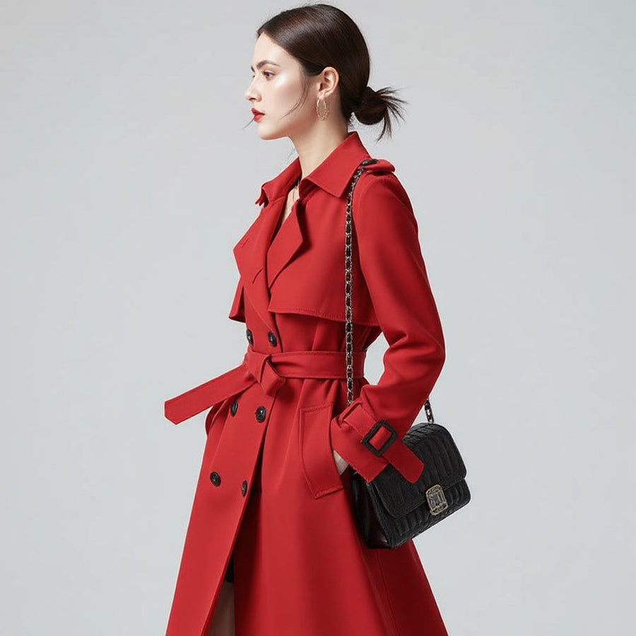 Dania Double-Breasted Trench Coat in Crimson