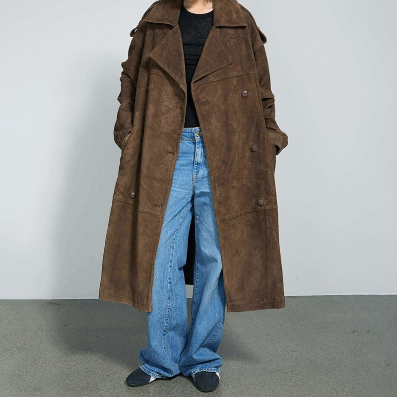 Daniela Elegant Leather Trench Coat with Pockets in Brown