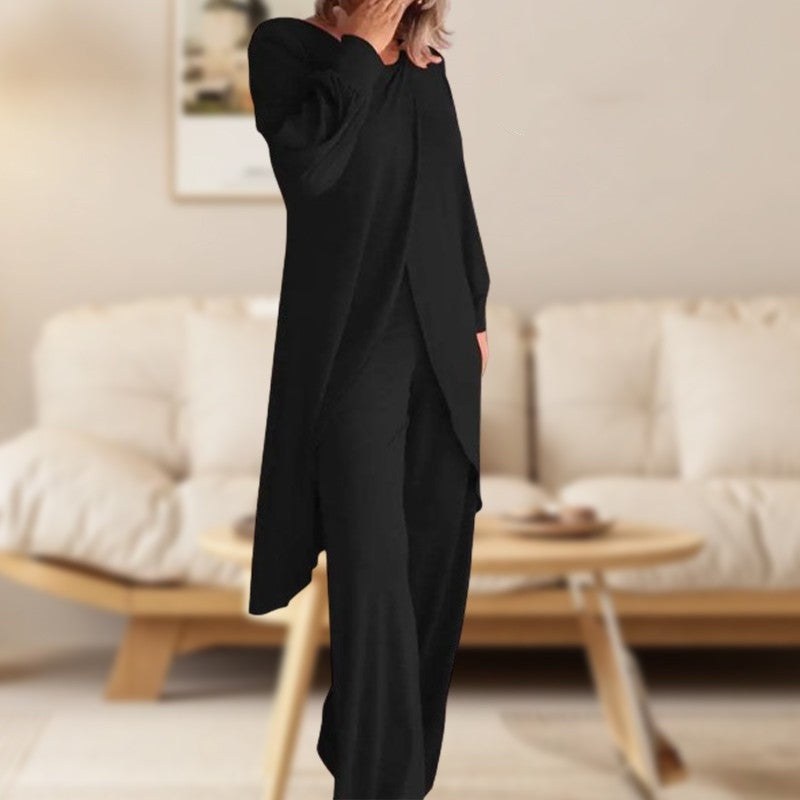 Danielle Women's Two-Piece Lounge Set Long Sleeve Top & Wide-Leg Trousers in Black
