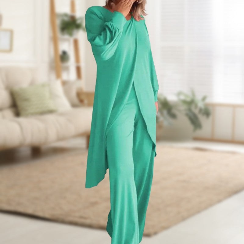 Danielle Women's Two-Piece Lounge Set Long Sleeve Top & Wide-Leg Trousers in Green