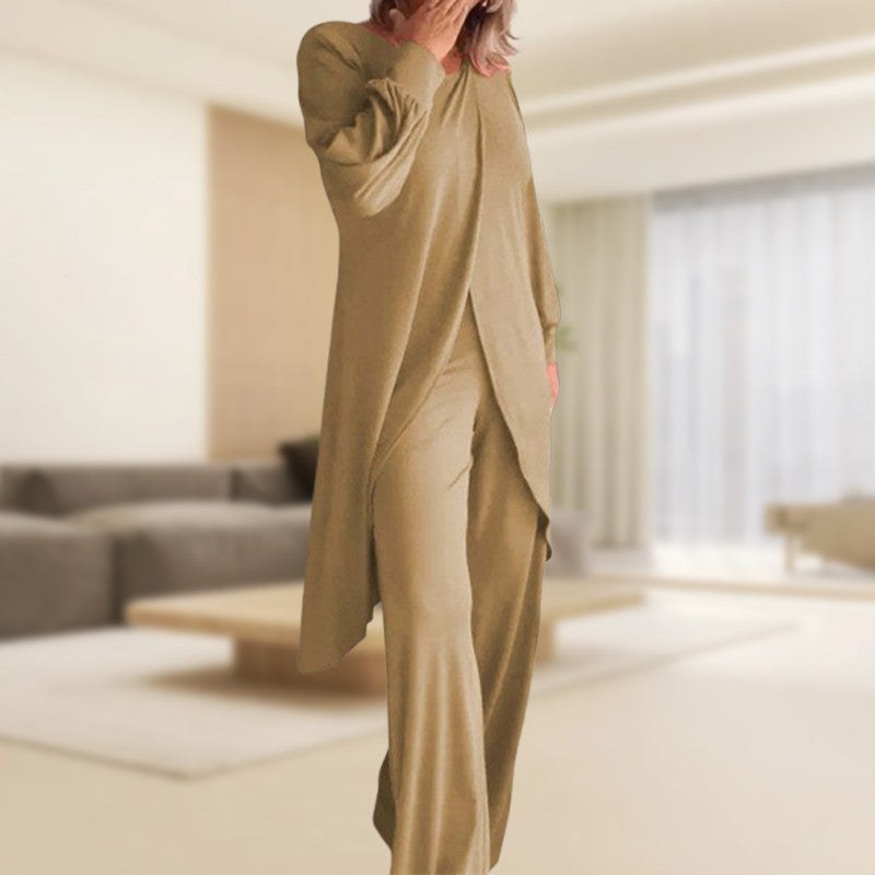 Danielle Women's Two-Piece Lounge Set Long Sleeve Top & Wide-Leg Trousers in Khaki