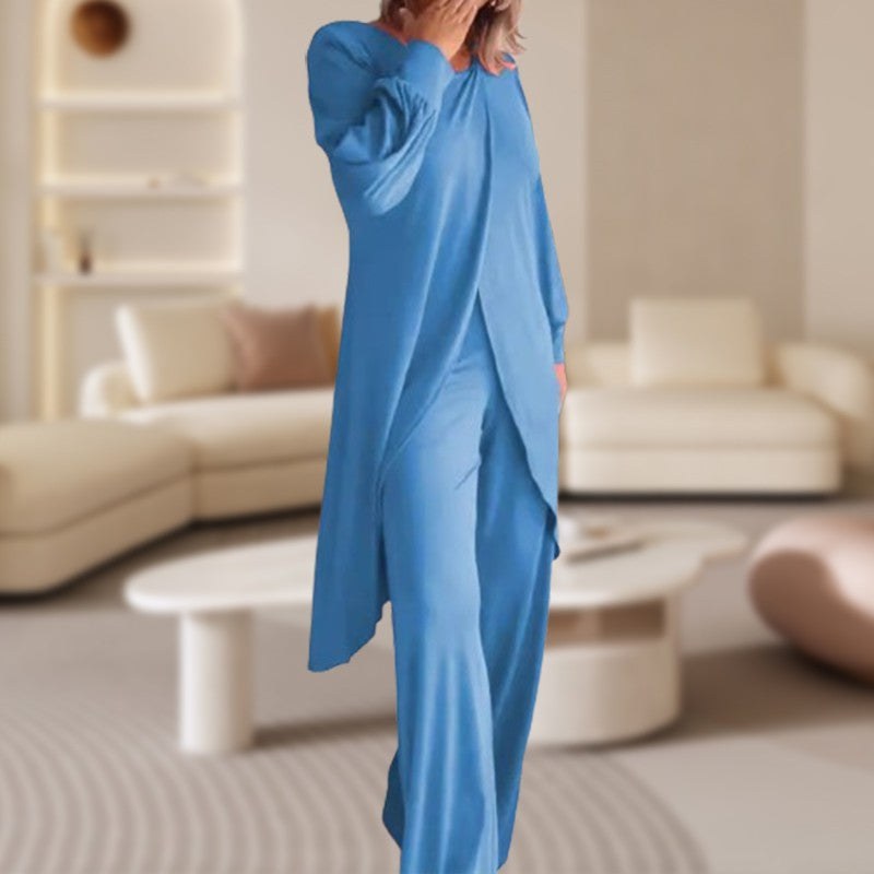 Danielle Women's Two-Piece Lounge Set Long Sleeve Top & Wide-Leg Trousers in Light Blue