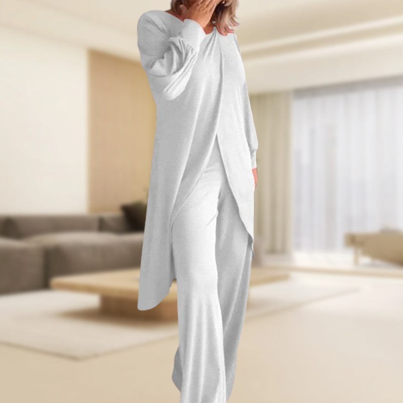 Danielle Women's Two-Piece Lounge Set Long Sleeve Top & Wide-Leg Trousers in White