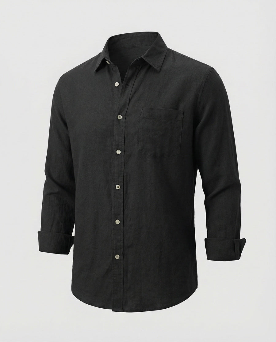 Dante Linen Blend Shirt with Chest Pocket in Black