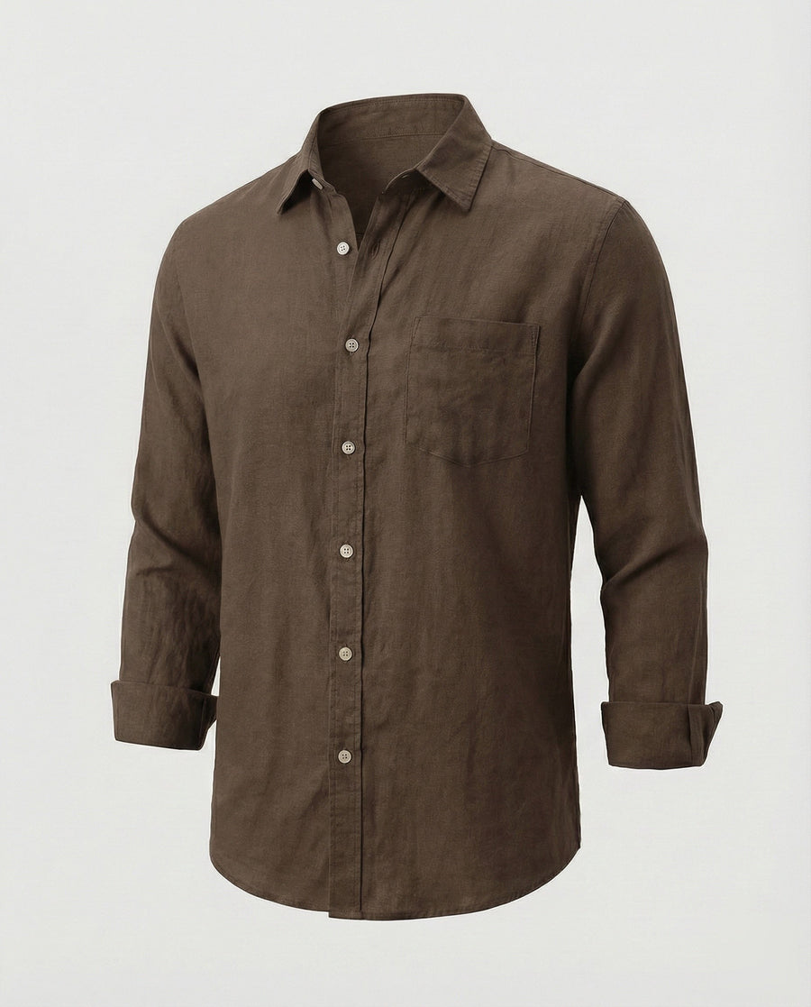 Dante Linen Blend Shirt with Chest Pocket in Brown