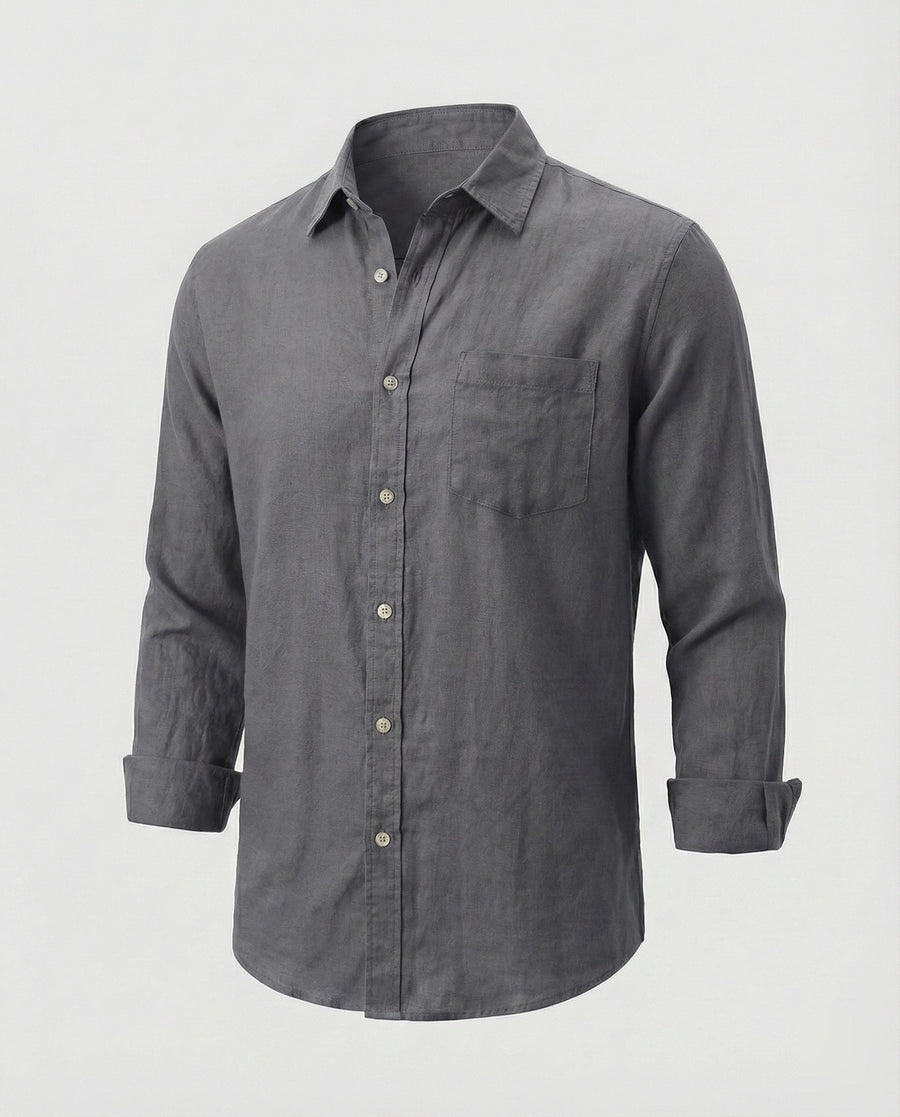 Dante Linen Blend Shirt with Chest Pocket in Grey