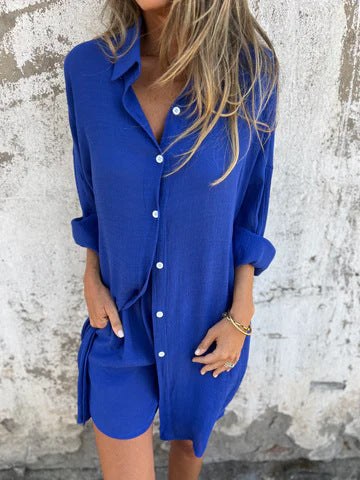 Daphne Casual Blouse with Button Front in Blue
