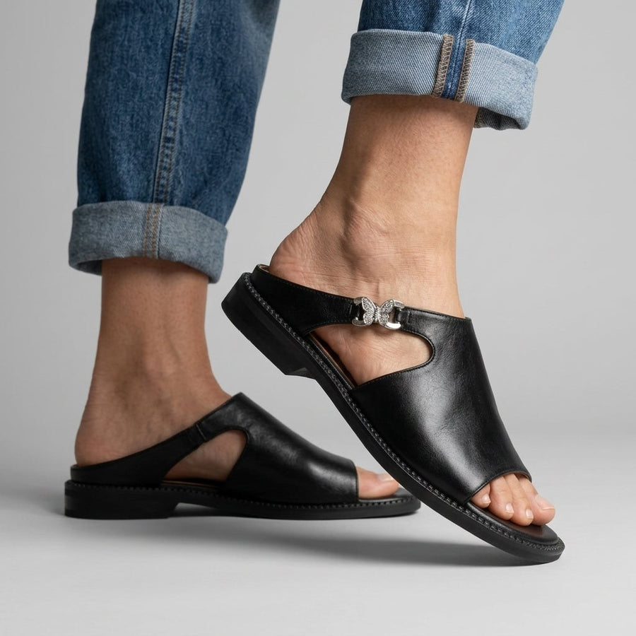 Daphne Cutout Leather Mule Sandal in Charcoal