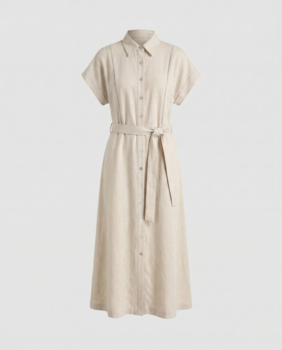 Daphne Elegant Maxi Dress with Belted in Beige
