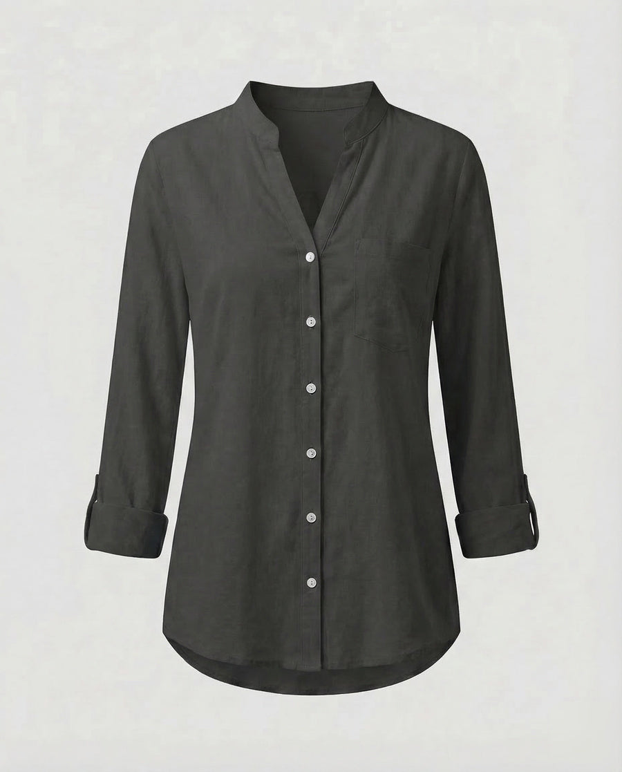 Daphne Linen Blouse with Oversized in Black