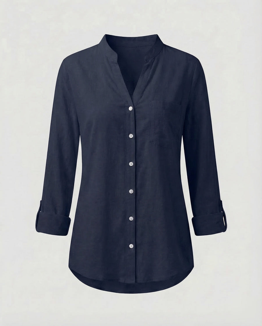 Daphne Linen Blouse with Oversized in Navy
