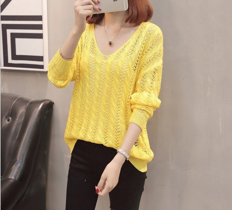 Dara Airy Knit Sweater with V-Neck in Yellow