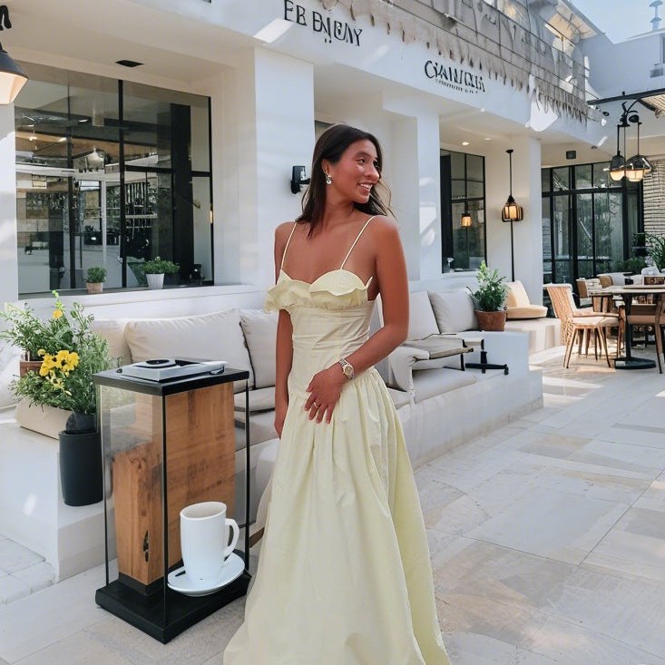 Dara Elegant Evening Dress with Ruffles in Beige