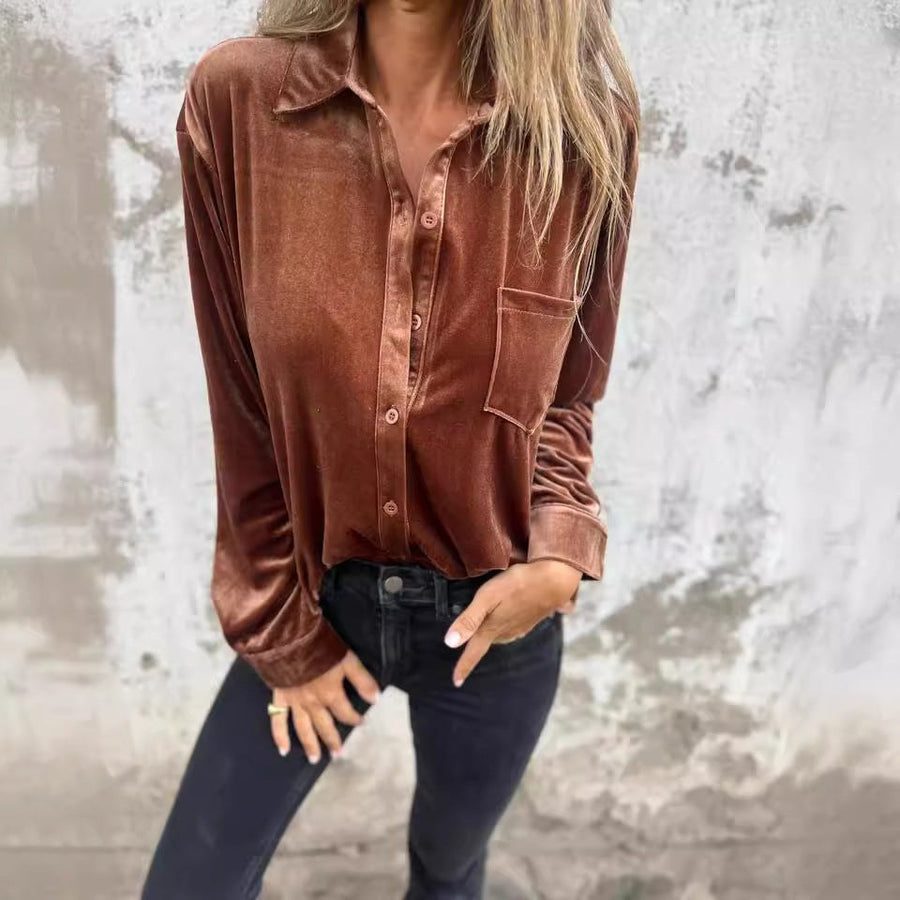 Dara Elegant Velvet Blouse with Pockets