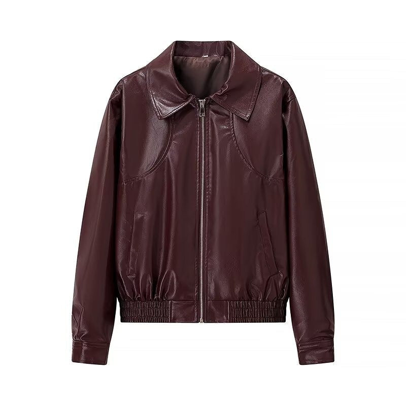 Dara Leather Jacket with Zip Front in Dark Red
