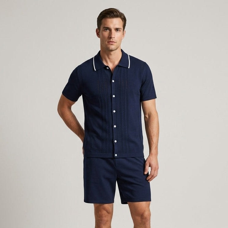 Dario Pointelle Knit Two-Piece Set in Navy Blue