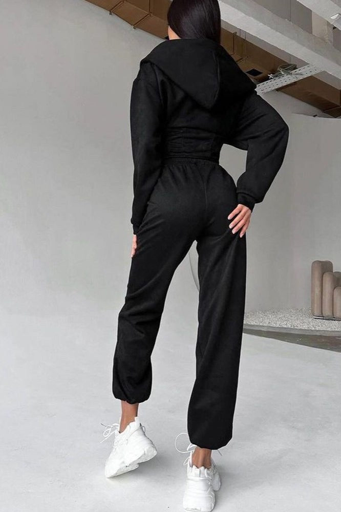 Darvina Women's Hooded Zip Jumpsuit Set in Black