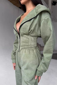 Darvina Women's Hooded Zip Jumpsuit Set in Green