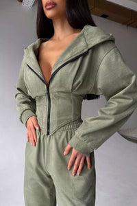 Darvina Women's Hooded Zip Jumpsuit Set in Green