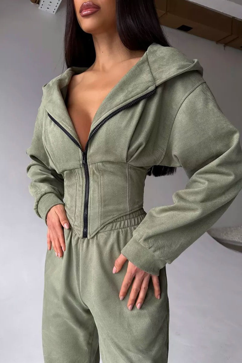 Darvina Women's Hooded Zip Jumpsuit Set in Green