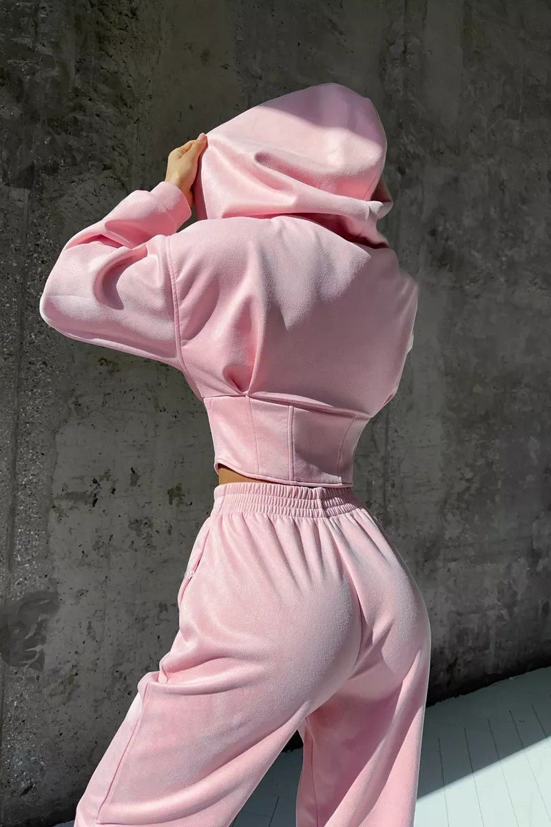 Darvina Women's Hooded Zip Jumpsuit Set in Pink