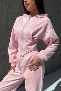 Darvina Women's Hooded Zip Jumpsuit Set in Pink