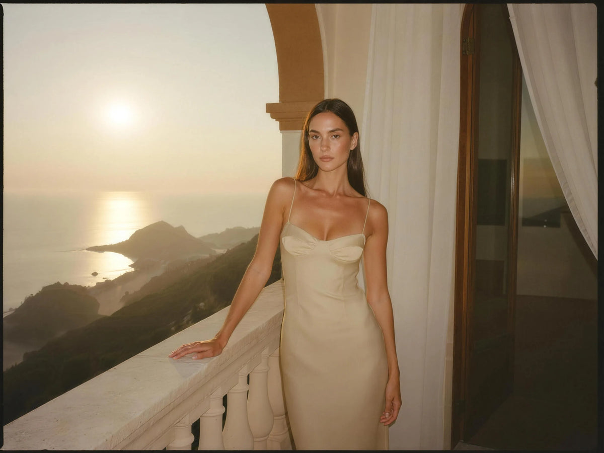 Woman on a villa balcony overlooking the Mediterranean coast