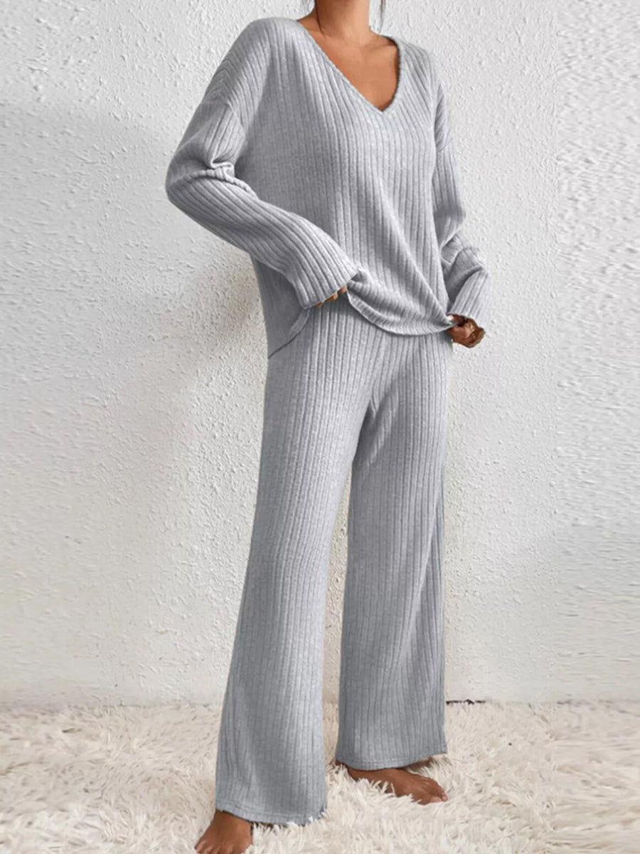 Ribbed Knit V Neck Top and Pants Set
