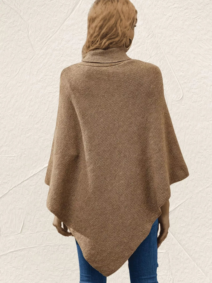 Button Decor Turtleneck Poncho Pullover