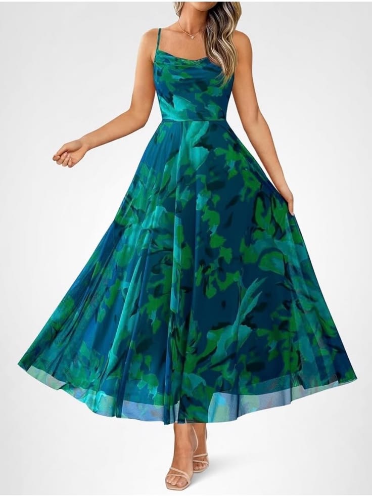Green & Teal Floral Maxi Dress With Spaghetti Straps