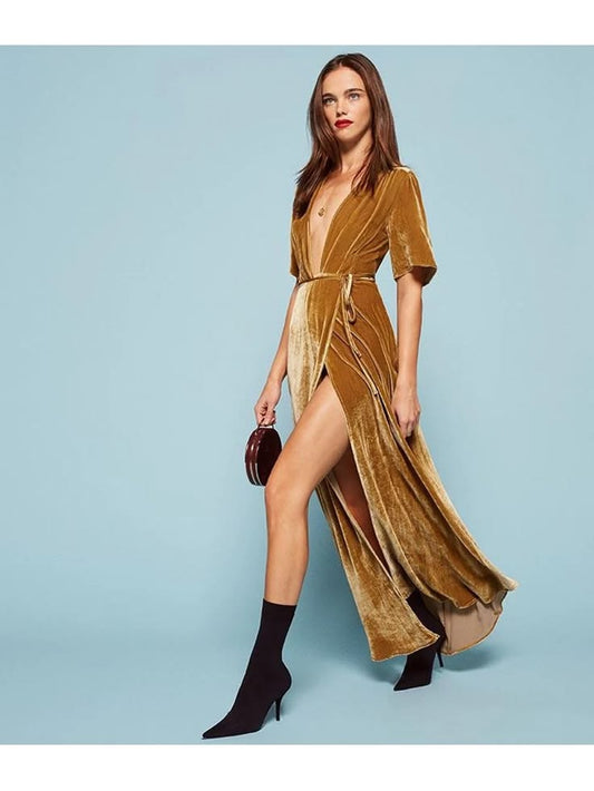 Reformation Miller Golden Velvet Formal Wrap Dress