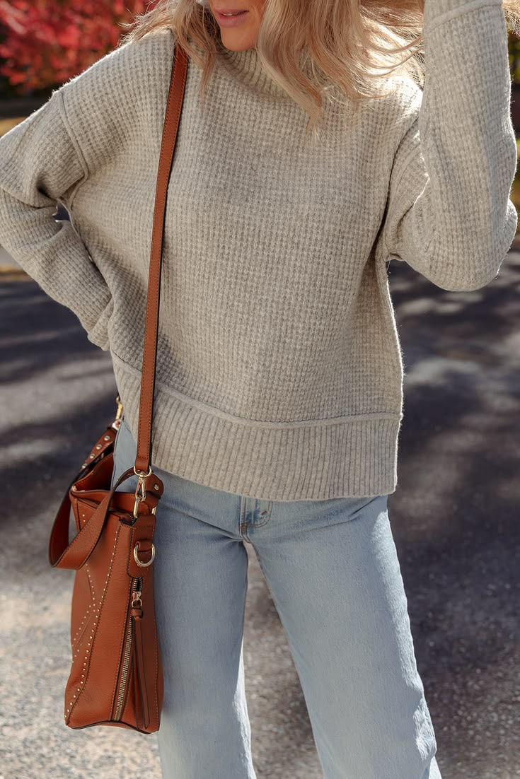 Morn Waffle Texture Knit Ribbed High Neck Drop Shoulder Sweater Morn 75%Polyester+20%Acrylic+5%Polyamide
