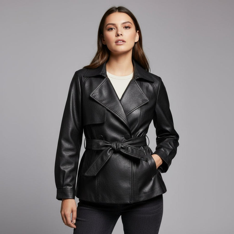Delaney Leather Trench Coat in Charcoal