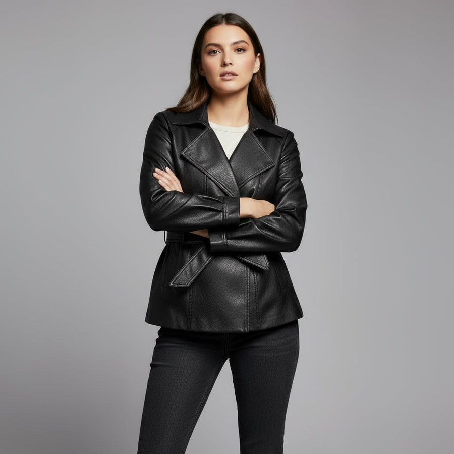 Delaney Leather Trench Coat in Charcoal
