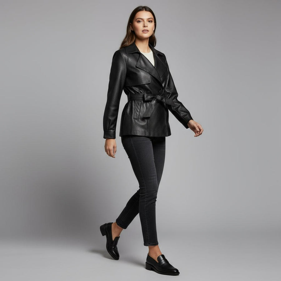 Delaney Leather Trench Coat in Charcoal