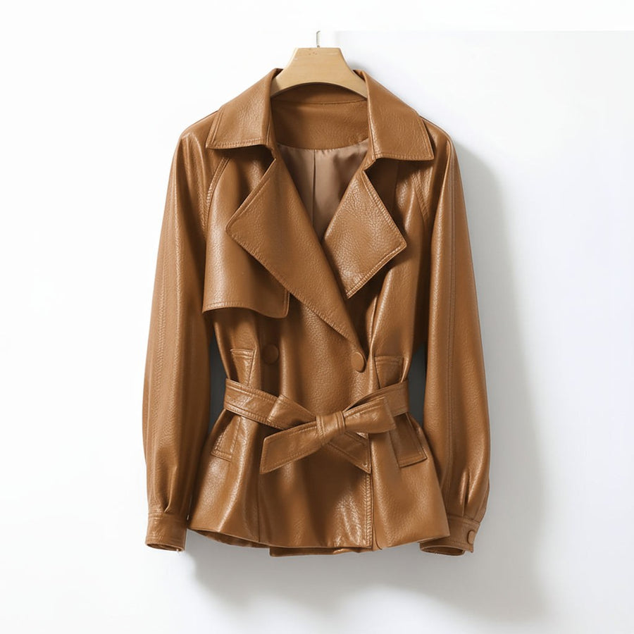 Delaney Leather Trench Coat in Sienna Brown