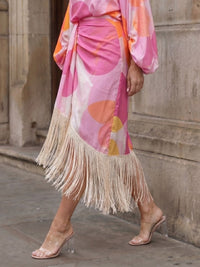 Delara Women's Abstract Print Fringe Hem Midi Dress in Pink