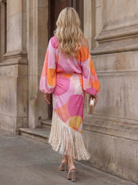 Delara Women's Abstract Print Fringe Hem Midi Dress in Pink