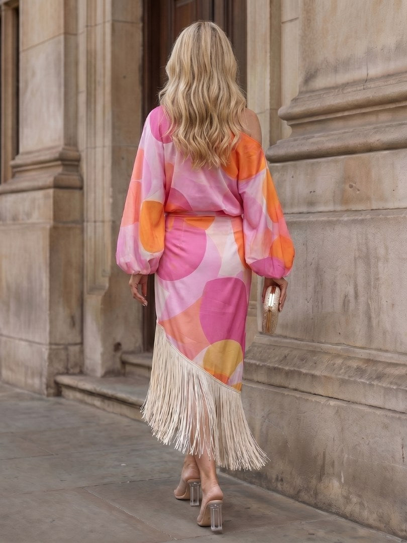 Delara Women's Abstract Print Fringe Hem Midi Dress in Pink