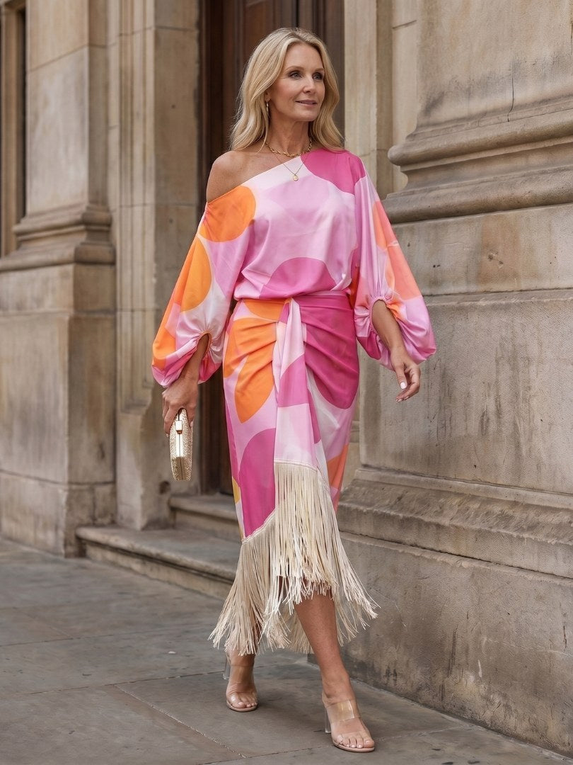 Delara Women's Abstract Print Fringe Hem Midi Dress in Pink