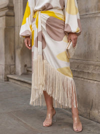 Delara Women's Abstract Print Fringe Hem Midi Dress in White
