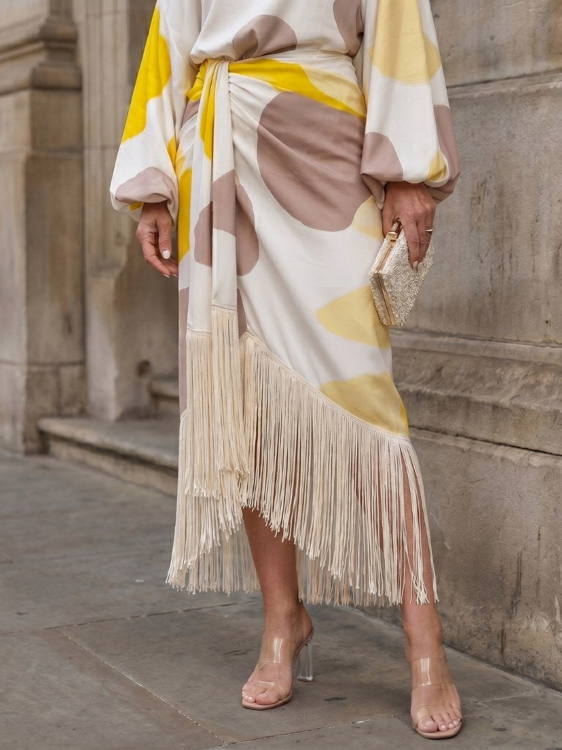 Delara Women's Abstract Print Fringe Hem Midi Dress in White