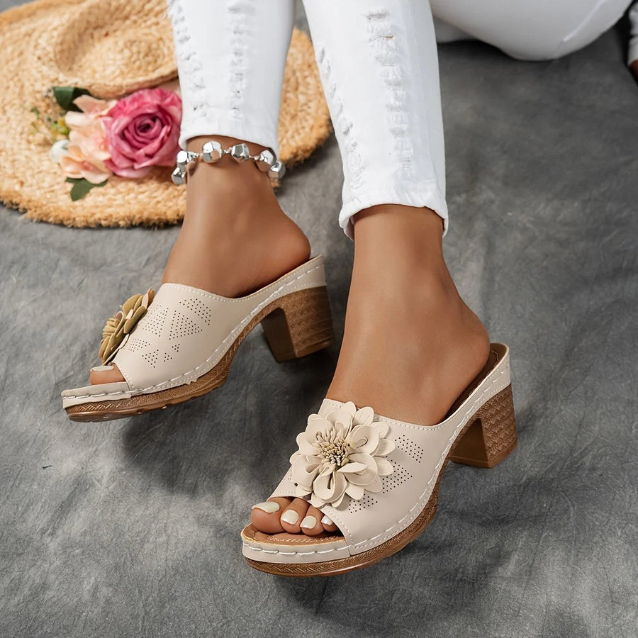 Delfina Floral Block Heel in Beige
